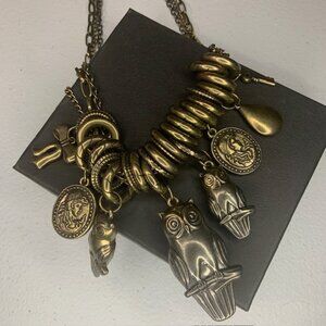 Vintage Inspired Bronze Chunky Coin Charm Layered Statement Boho Necklace
